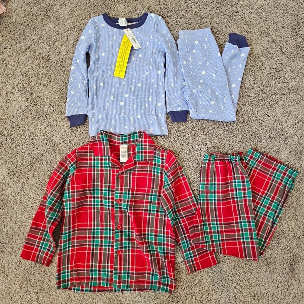 Gymboree Pajama Set Kid Size 5 6 Lot of 2 Moon Thermal Red Plaid Flannel Holiday